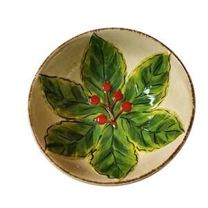Dario Farrucci Hand Crafted Painted Bowl Majolica Leaves Berries  Holiday Dish